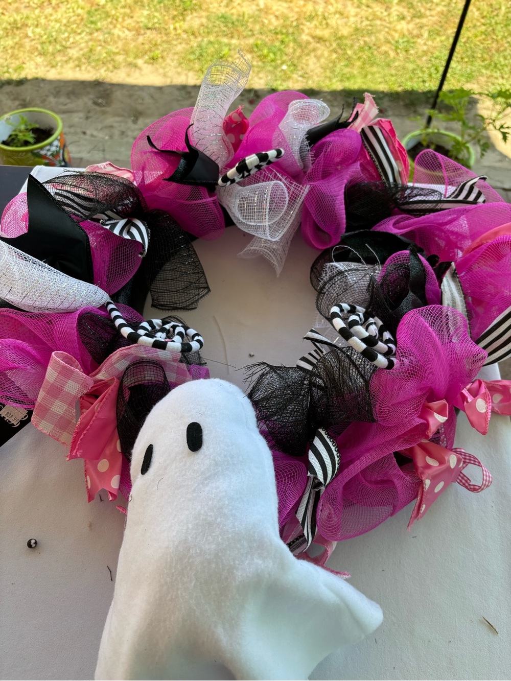 Pink & Black Halloween Mesh Wreath with Cute Ghost